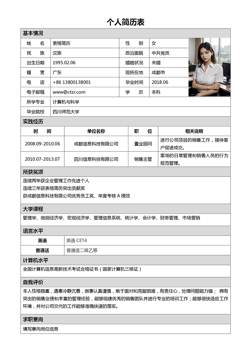 简历表格个人简历