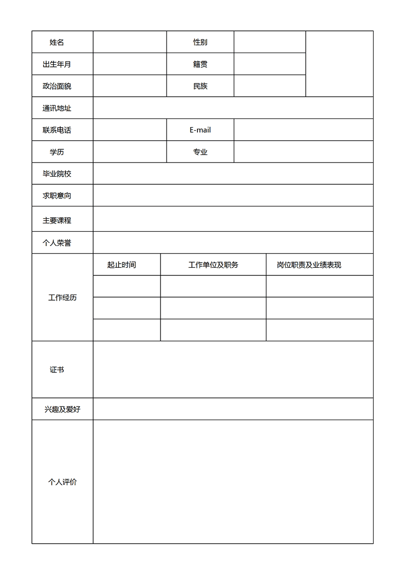 空白岗位面试简历表